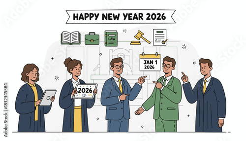 Lawyers and judges wishing Happy New Year 2026 Legal calendar gavel and justice concepts
