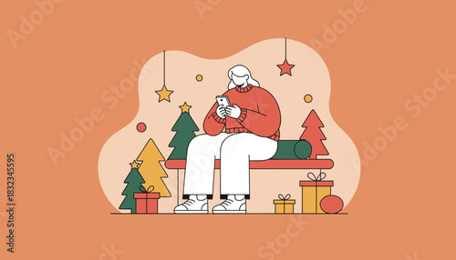 Woman uses smartphone surrounded by Christmas decor trees and gifts Online holiday communication