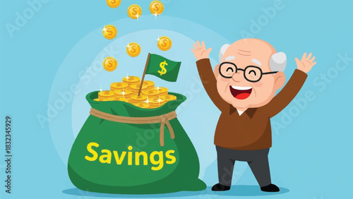 Happy Senior Man with Dollar Savings Money Bag