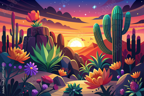 A flowering cactus that glows at sunset with vibrant blooms, warm golden light, desert botanical scenery, tranquil nature, and colorful plant details.