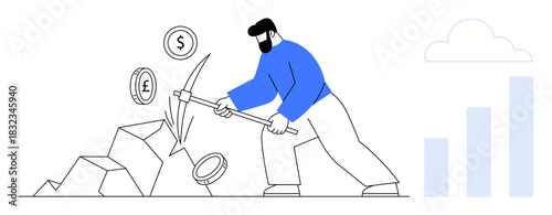 Cryptocurrency mining. Person breaking rocks with a pickaxe to extract coins symbols for Bitcoin, Dollar, and Euro. Cryptocurrency mining for blockchain, finance, technology, digital investments