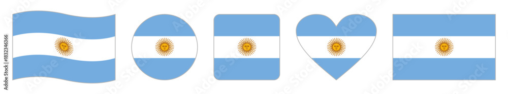 Fototapeta premium Set of five Argentine flag vector icons featuring wavy banner, circular badge, rounded square emblem, heart-shaped design and rectangular flag illustrating national colors and sun symbol