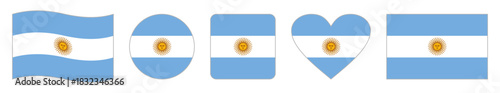 Set of five Argentine flag vector icons featuring wavy banner, circular badge, rounded square emblem, heart-shaped design and rectangular flag illustrating national colors and sun symbol