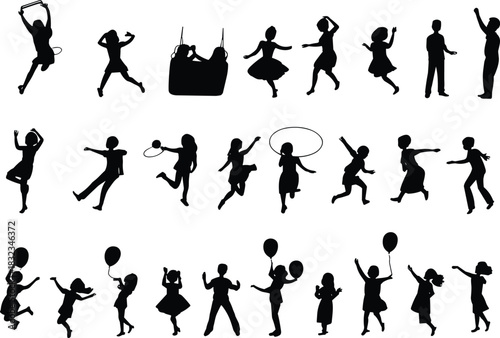 Children silhouette cartoon vector set, playful activity icons, swinging, jumping, dancing, balloons, hula hoops, flat illustration, side view, youth concept