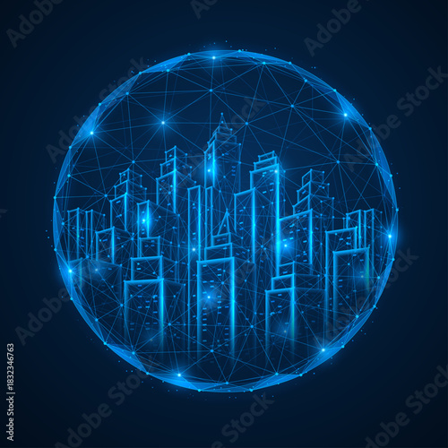 The network city of the future. High-rise buildings enclosed in a spherical dome. The concept of a smart metropolis fully integrated into the digital infrastructure. Polygonal design, blue background.