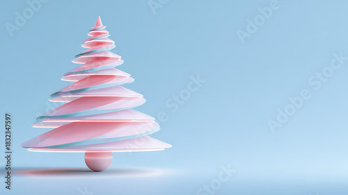 A pastel pink and white spiral Christmas tree sculpture stands against a soft blue background, creating a modern, minimal, and elegant holiday design with a clean futuristic aesthetic with copy space.