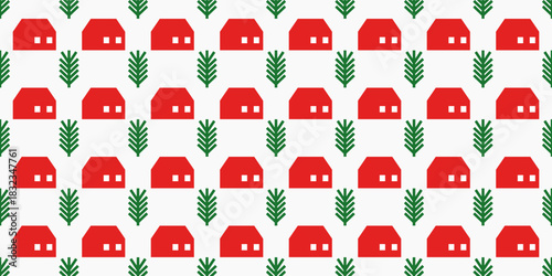 Christmas seamless pattern. Red houses town and Christmas tree branches cute background. Vector illustration.