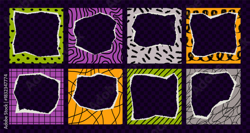Collage photo frames with torn paper edges and crayon patterns. Hand drawn grunge textured cutout borders for scrapbook and craft design, vector illustrations set