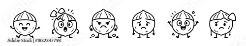 Nut Characters Expressing Various Emotions in a Row, Shown in a Hand-Drawn Style