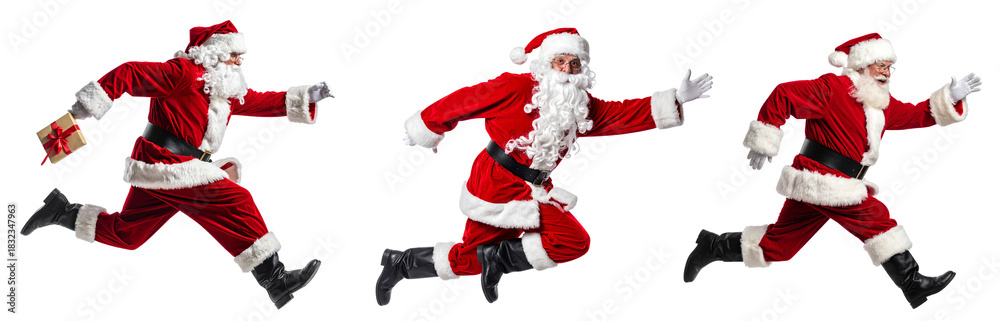 Fototapeta premium Santa claus running delivering christmas gift transparent background