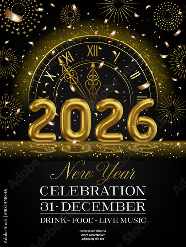 2026 new year party flyer with gold numbers and clock