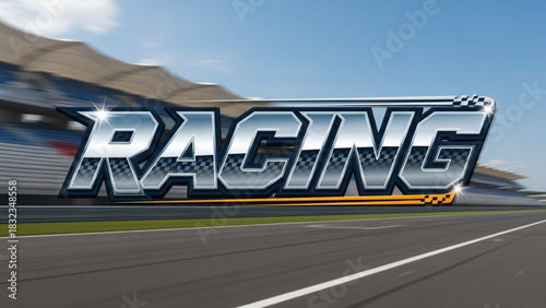 Racing logo on a blurred racetrack with grandstands and a blue sky in the background view scene