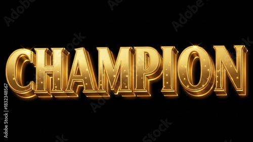 Champion word in golden metallic style with sparkles on a black background design element for games