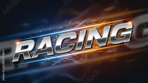 Silver racing text with motion lines and a dynamic background showing speed and competition effect