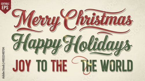 Festive greeting card with merry christmas happy holidays and joy to the world message in vintage style
