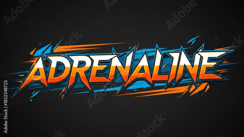 Adrenaline text art with orange and blue accents on a dark background in a stylized design format