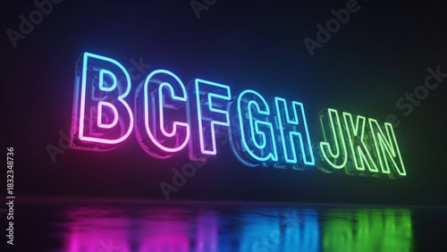 Neon letters b c f g h j k n glowing with vibrant colors on a dark reflective surface scene