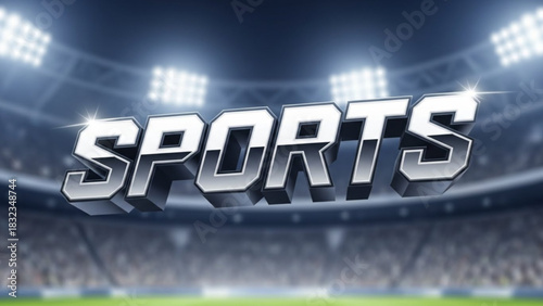 Sports themed image showcasing the word sports in a stadium setting with bright lights and a large crowd