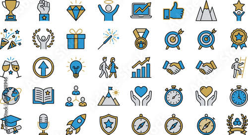 Achievement icons, success, motivation, progress, celebration, leadership, goal setting, minimal line style, flat vector, blue gold black