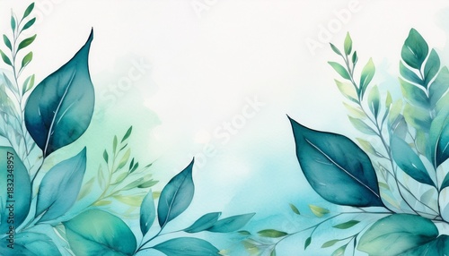 watercolor leaves border frame top background blue green teal turquoise blend