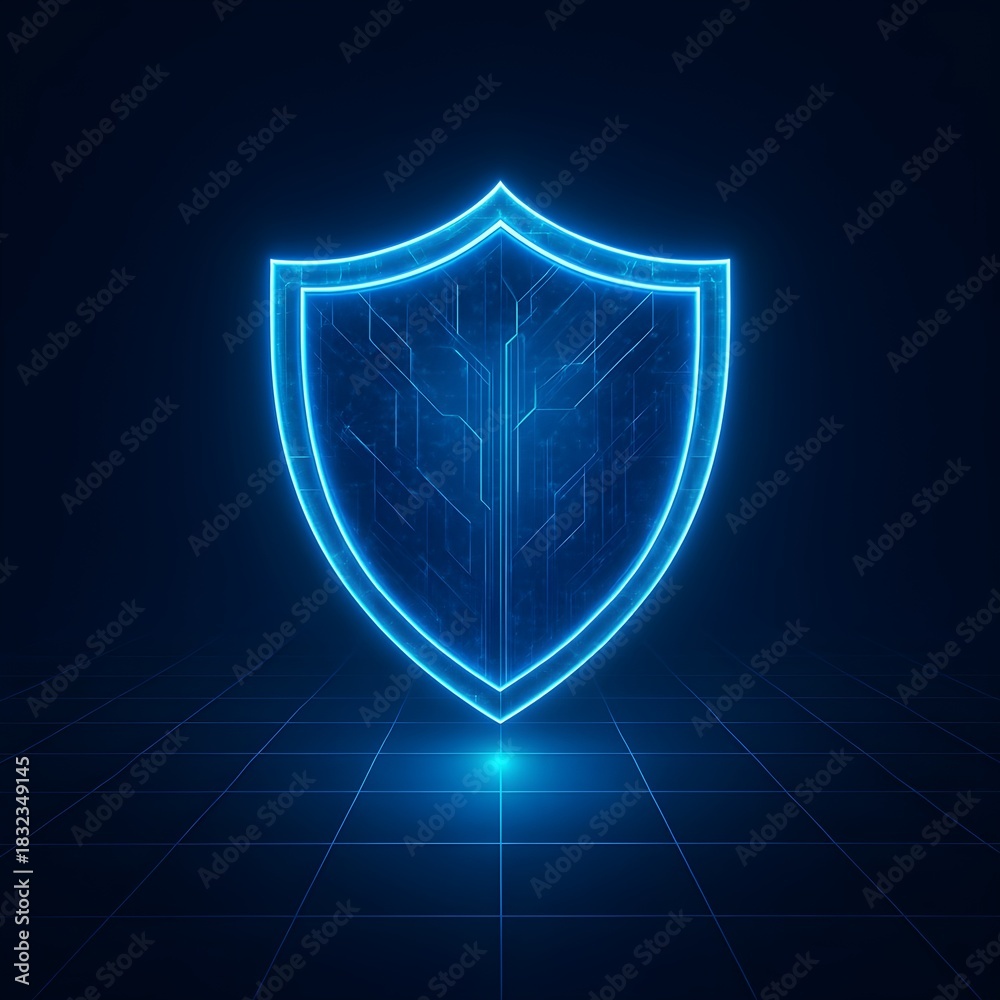 Fototapeta premium Futuristic digital cybersecurity shield glowing on tech grid