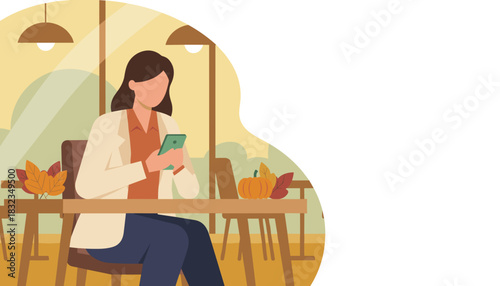 Autumn leisure Woman texting on her phone at a cafe decorated with pumpkin and leaves