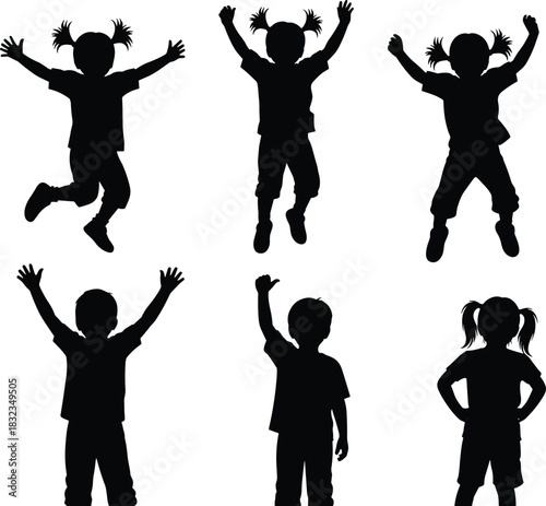 Children silhouette jumping, standing, pointing, expressive poses, black vector kids, playful energy, isolated white background, educational design, clipart