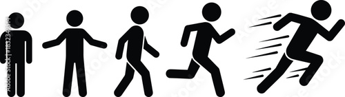 Human movement silhouettes, motion progression, running stages, physical activity, animation frames, minimal style, flat vector, black icons
