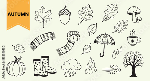 Hand Drawn Autumn Season Vector Set | Outline Icons of Fall Leaves, Pumpkin, Acorn, Umbrella, and Cozy Weather Elements for Seasonal Greeting and Creative Design