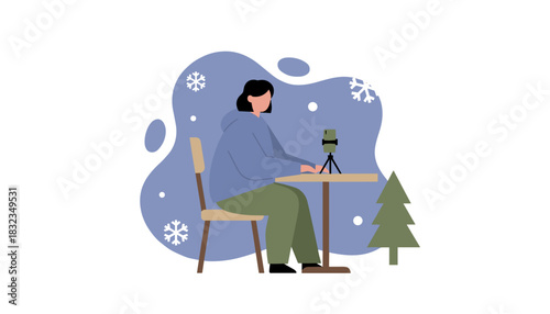 Woman recording a winter vlog outdoors on a smartphone tripod