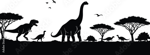 Dinosaur silhouette vector, prehistoric scene illustration, black dino profile, Jurassic wildlife art, ancient reptile design, nature icon