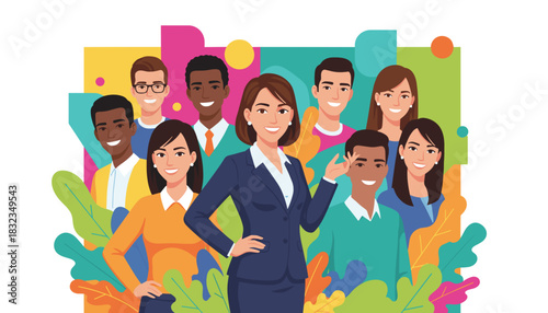 Diverse business team with confident female leader Collaboration corporate culture and unity illustration
