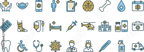Medical icons, healthcare, wellness, hospital tools, treatment, diagnosis, support, minimal line style, flat vector, blue beige white