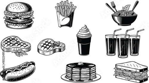 Fast food vector illustration, black silhouette icons, burger fries soda design, casual dining graphic, snack and meal set