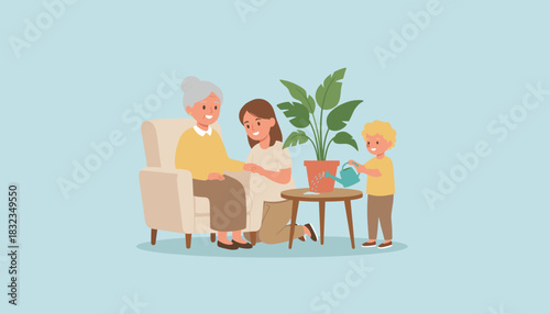 Multigenerational family care Grandma mother and child supporting each other at home