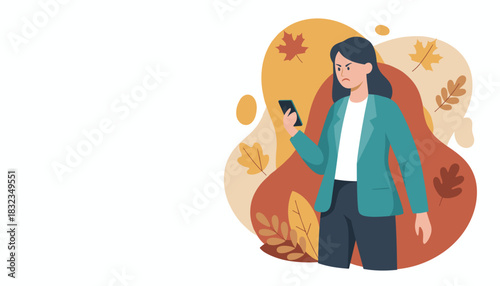 Upset woman using a mobile phone surrounded by abstract autumn leaves Bad experience concept