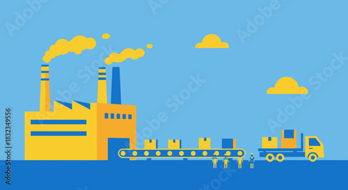 Factory manufacturing and logistics Workers load boxes onto a delivery truck using a conveyor belt