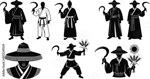 East Asian silhouette vector, Korean hanbok illustration, farming and martial arts design, sickle pose icons, cultural heritage set