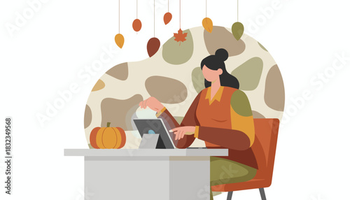 Woman using tablet at a cozy autumn desk with pumpkin and fall leaves Seasonal remote work illustration