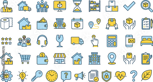 Logistics icons, delivery, e-commerce, shipping, supply chain, customer service, packaging, minimal line style, flat vector, blue yellow