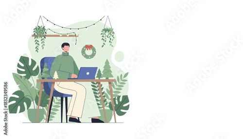 Man working remotely on a laptop in a cozy plantfilled home office decorated for Christmas