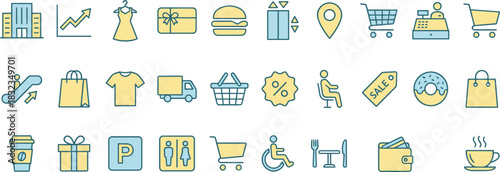 Shopping mall icons, retail, amenities, signage, services, accessibility, food court, minimal line style, flat vector, blue yellow