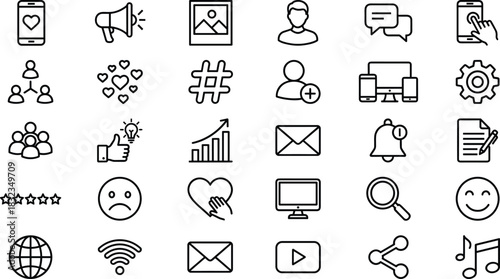 Social media icons, communication, interaction, digital tools, user interface, feedback, sharing, mobile, minimal line style, flat vector, black white
