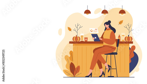 Woman working remotely on a tablet in a cozy autumnthemed cafe Freelance and digital business