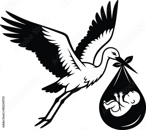 Stork carrying baby silhouette, childbirth symbol vector, black and white illustration, newborn arrival icon, folklore design element