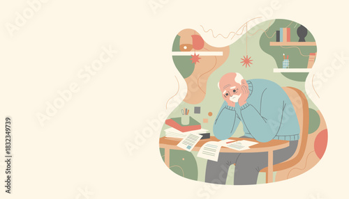 Overwhelmed senior man sitting at a desk with papers experiencing stress and fatigue