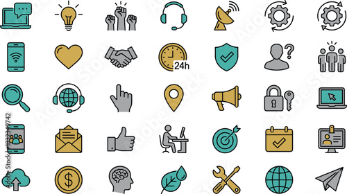 Technology icons, communication, business tools, productivity, innovation, teamwork, support, global network, minimal line style, flat vector, blue yellow