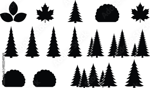 Tree and bush silhouette, nature vector icons, black foliage design, conifer and maple shapes, environmental graphic set, landscape element