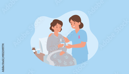 Compassionate nurse aiding female patient in bed symbolizing health support and cancer awareness