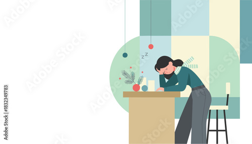 Exhausted woman sleeps on kitchen counter near festive winter decorations Fatigue and holiday burnout